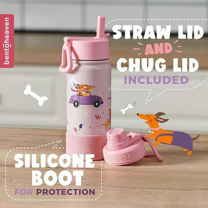 Bentoheaven Kids Water Bottle Stainless Steel for Boys & Girls, 2 Lids (Chug & Straw), Handle & Silicone Boot, Reusable Metal Leak-proof Insulated Tumbler, School & Sports 17oz (Pink) - Bloomnest