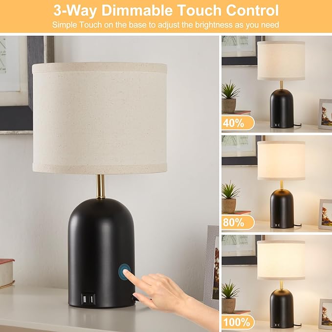 Touch Control Table Lamps Set of 2, Modern Bedside Lamp with 2 USB Ports, 3-Way Dimmable Gold and Black Nightstand Lamp with Fabric Shade for Living Room Bedroom Office Dorm(LED Bulbs Included) - Bloomnest