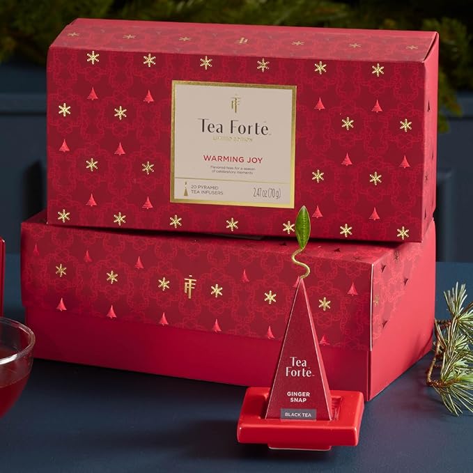 Tea Forte Warming Joy Holiday Premium Presentation Box Gift Set Sampler, 20 Count, 4 of Each Blend Individually Wrapped Handcrafted Pyramid Infuser Bags - Bloomnest