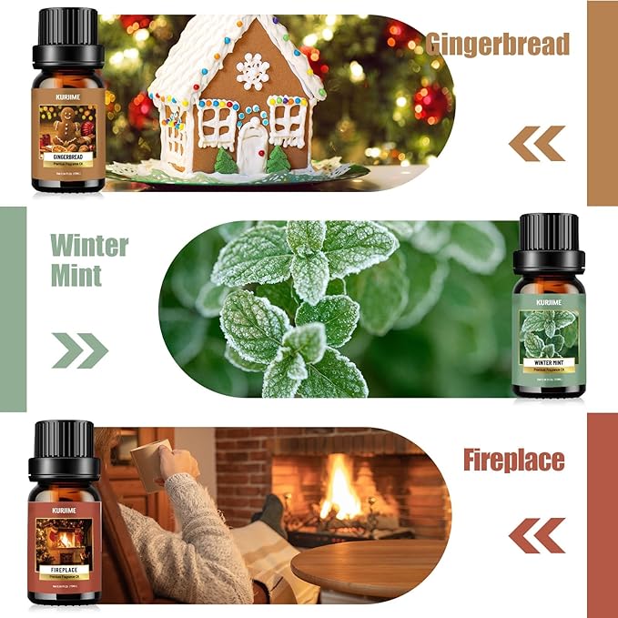 Essential Oils Set, Winter Scents Fragrance Oil Essential Oils for Diffusers for Home - Christmas Wreath, Gingerbread, Fireplace, Cranberry, Forest Pine, Winter Mint Scented Oil, 6x10ml - Bloomnest