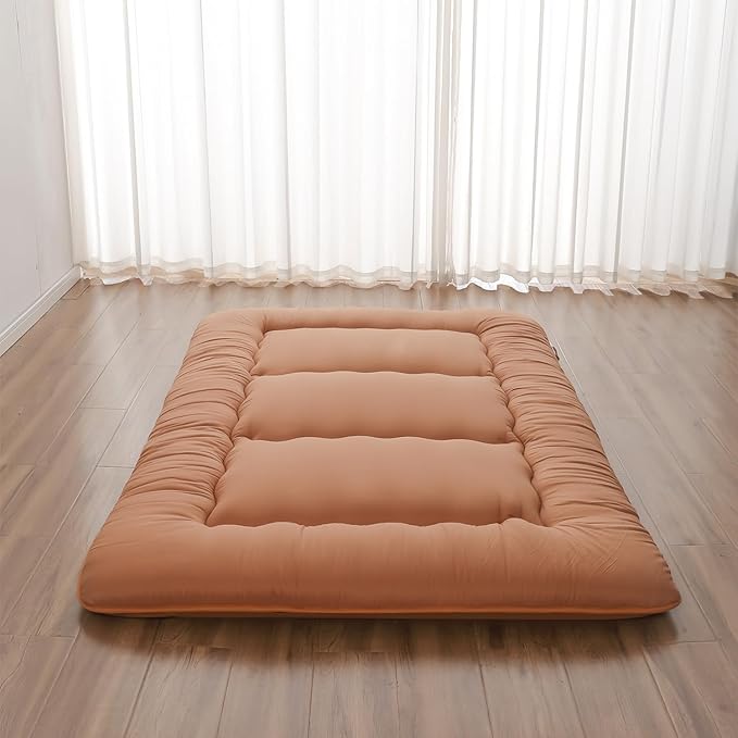 Japanese Floor Mattress, Futon Mattress with Portable Storage Bag and Washable Cover, Roll Up Thick Tatami Mat Suitable for Camping, Guest Room, Light Coffee, Full - Bloomnest