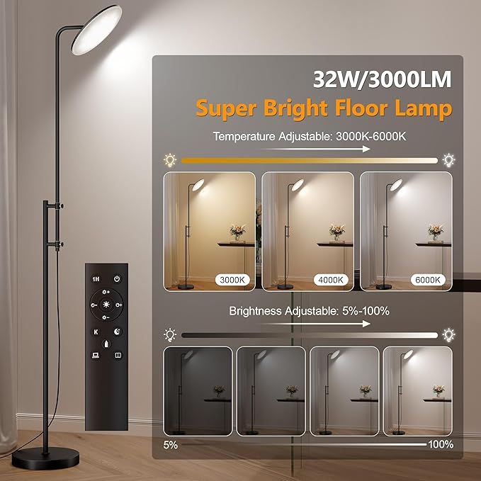 SUNMORY 32W/3000LM Floor Lamps, Super Bright LED Standing Lamp with Remote Control, Adjustable Tall Lamp with 350°Rotating Head, Modern Dimmable Torchiere Corner Lamp for Living Room, Bedroom, Office - Bloomnest