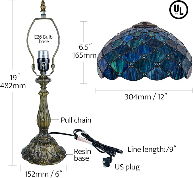 Tiffany Style Table Lamp Vintage Stained Glass Desk Lamp Sea Blue Pearls Bedside Reading Light Decor Bedroom Living Room Entry Home Office D12 xH18 - Bloomnest
