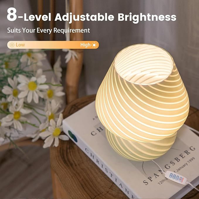 USB Plug-in Mushroom Lamp Small Bedside Table Lamp with 3 Temperature LED Bulb,Free Dimming Nights Light for Bedroom/Living Room/Entryway/Corner Decor (Stripe Green) - Bloomnest