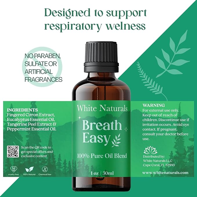 White Naturals Breathe Easy Essential Oil Blend – Refreshing Aromatherapy Oil for Clear Breathing & Comfort, 100% Pure & Natural Essential Oils for Freshness, 1oz - Bloomnest