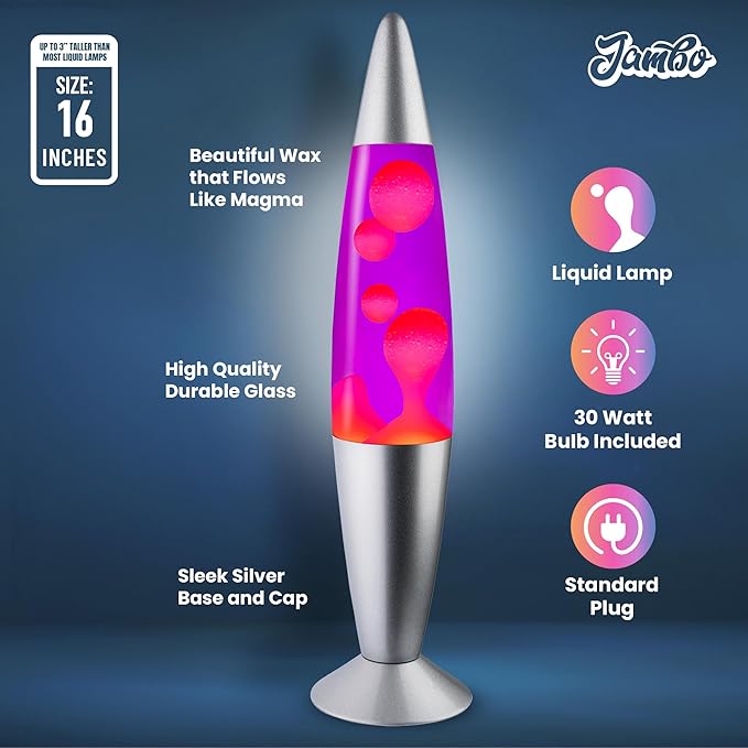 JAMBO 16" Beautiful Lamp- Purple with Pink Wax, Relaxing Liquid Light, Night Light Nightlight, Home Decor Living Room Office Bedroom Lamp for Adults Teens Kids, Magma Motion - Bloomnest