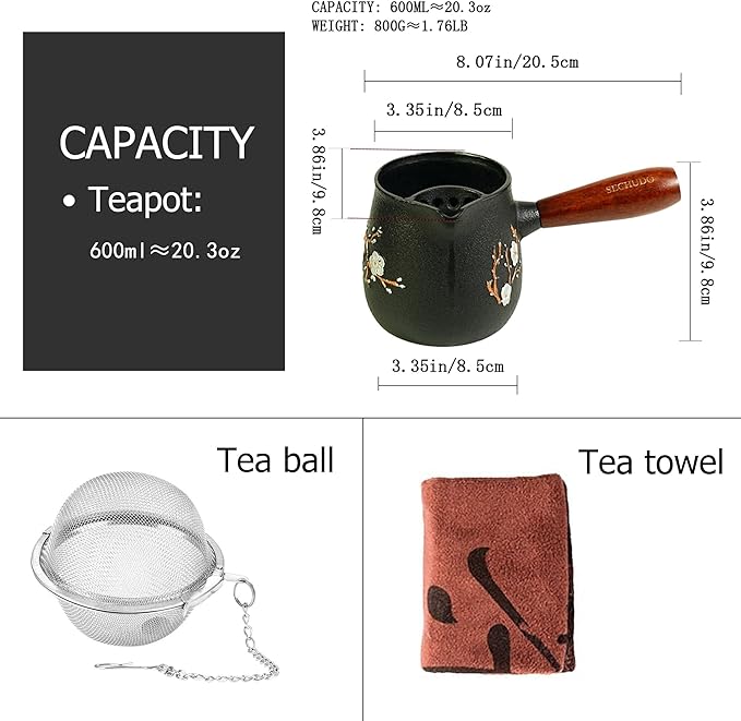 Small Cast Iron Teapot, Japanese Style Tea Kettle without Lid, 20.3 fl oz Tea Pot with Stainless Steel Tea Ball for Loose Tea, Wooden Side-handle Tea Set for Stovetop Safe(600ml) - Bloomnest