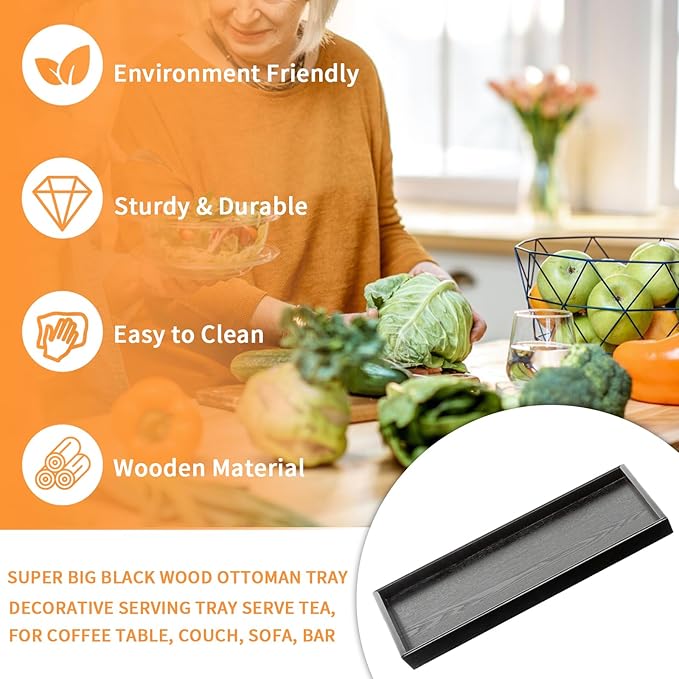 40 x 24 Inches Extra Large Solid Wood Serving Tray for Tea Coffee Table Snack Food Meals Serving Plate Kitchen Party Bar Breakfast Server with Raised Edges Black Wooden Decorative Ottoman Tray - Bloomnest