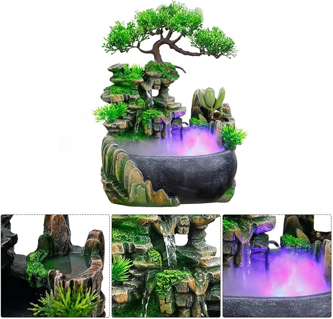 11-Inch Tabletop LED Waterfall Fountain with Atomizer – Quiet Resin Rockery Mist Humidifier for Bedroom, Office, Meditation or Gift Décor - Bloomnest