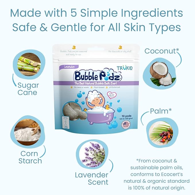 TruKid Bubble Podz Bubble Bath for Kids, Toddlers, & Babies, Tear Free Gentle & Refreshing Bath Bomb for Sensitive Skin with Natural Moisturizers, Non-Toxic, pH Balanced, Lavender Scent (24 Podz) - Bloomnest