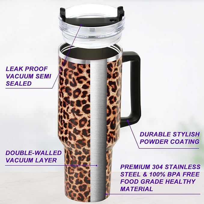 40 oz Tumbler with Handle and Flip Straw Lid, Vacuum Insulated Leak Proof Double Walled Stainless Steel Travel Mug Tumblers, Maintains Cold Ice and Heat for Hours(Leopard Brown Tumbler) - Bloomnest