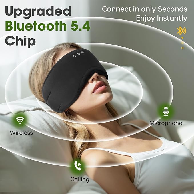 Sleep Headphones with Bluetooth 5.4 Sleep Mask, Bamboo Cotton Music Wireless Bluetooth Eye Mask for Sleeping, Earphones HD Speaker Microphone for Travel, Gifts for Men Women, Black - Bloomnest
