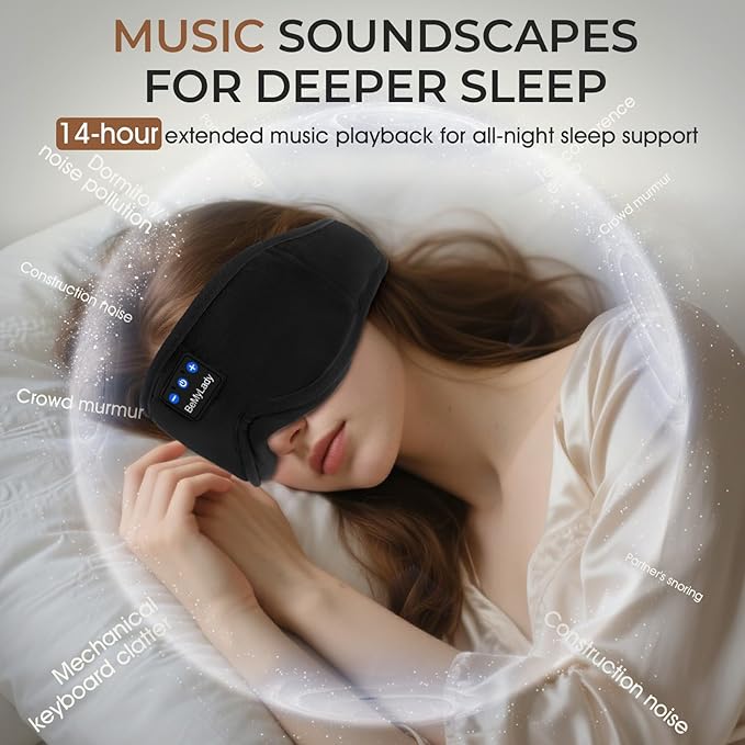 Sleep mask Headphones,100% Blackout 3D Zero Eye Pressure Bluetooth Sleep mask Breathable Eye mask with Bluetooth Headphones Sleep Headphones for Side Sleepers 14H Playtime&Bluetooth 5.4 Black - Bloomnest
