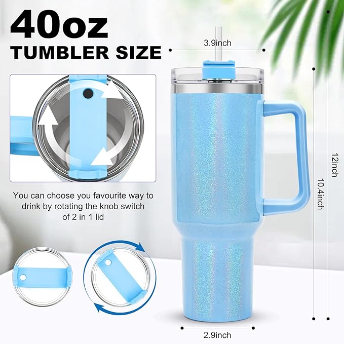 40 oz Tumbler with Handle and Flip Straw Lid, Vacuum Insulated Leak Proof Double Walled Stainless Steel Glitter Travel Mug Tumblers, Maintains Cold Ice and Heat for Hours(Blue) - Bloomnest