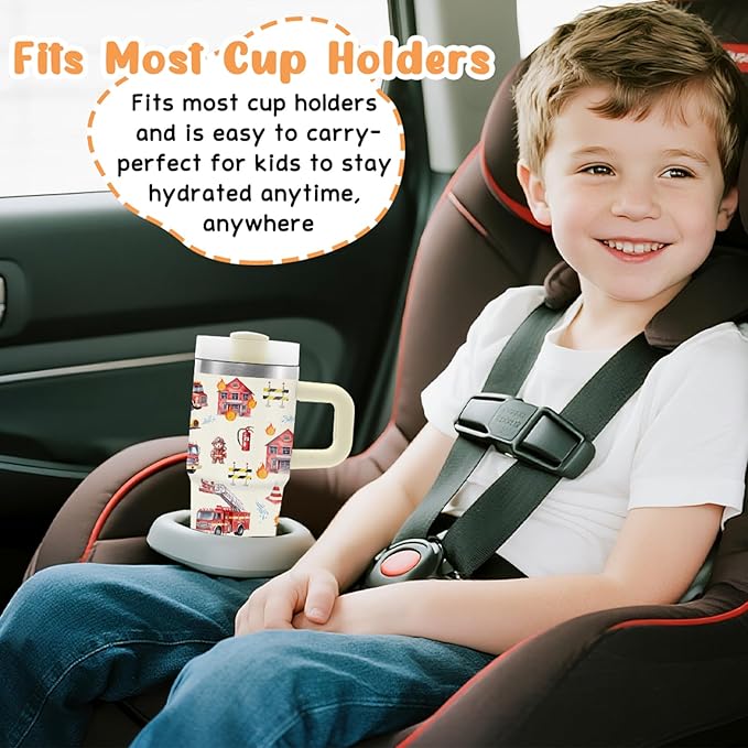Fire Truck Tumbler with Handle Straw for Kids 14oz, Insulated Stainless Steel Firefighter Cup for Boys, Birthday Gifts for Future Fireman Little Boys Girls - Bloomnest