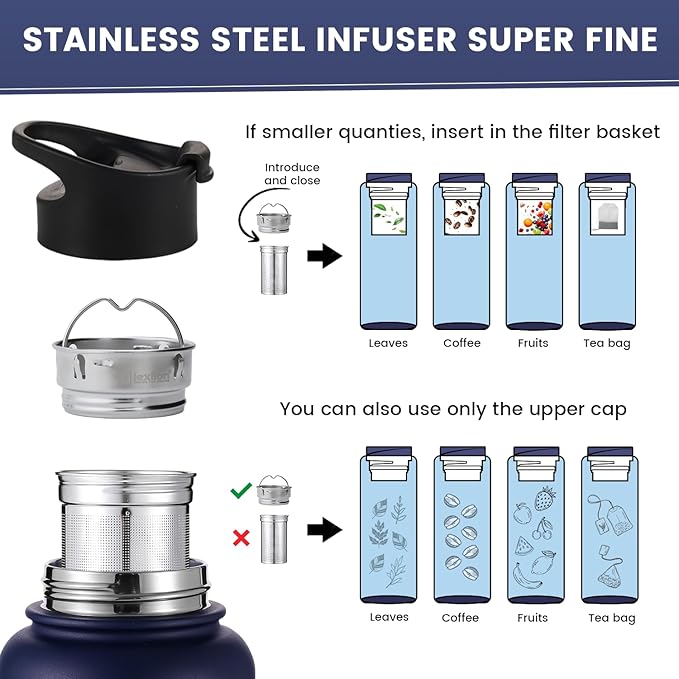 Lexlion Tea Infuser Water Bottle 22 Oz – Triple Wall Insulated Stainless Steel, Loose Leaf & Fruit Strainer, 3 Leakproof Lids, BPA-Free Silicone Sleeve, Reusable Thermal Mug - Bloomnest
