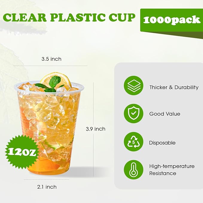 Lilymicky 1000 PACK 12 oz Clear Plastic Cups, Cold Disposable Party Drinking Cups for Parties, Picnic, BBQ & Events - Bloomnest