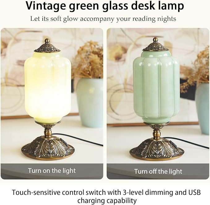 Milk Glass Touch Table Lamp, Elegant Green Jadeite Glass Bedside Desk Lamp 3 Way Dimmable with USB C+A Charging Ports - Bedroom Nightstand & Living Room Essential, 4W Bulb Included (Green, 6.5) - Bloomnest