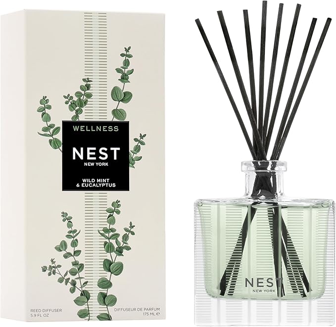 NEST New York Reed Diffuser, Wild Mint & Eucalyptus - 5.9 fl oz - Fragrance for Up to 90 Days - Reusable, Refillable Glass Holder - Includes 8 All-Natural Reed Sticks - Flame Free - Bloomnest