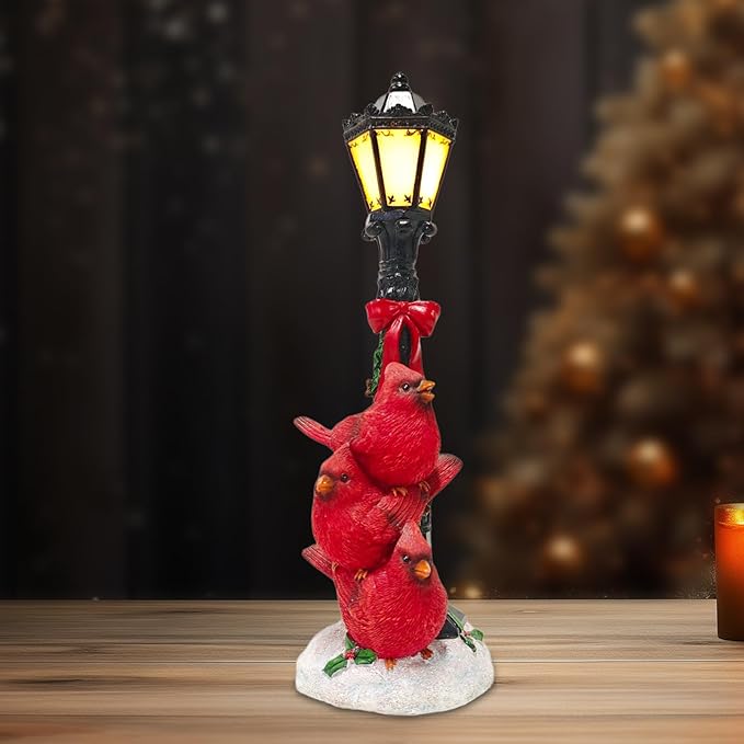 Christmas Red Bird Statue for Holiday Decor, Resin Cardinal Figurine with LED Lamppost, Indoor Glowing Lamppost, 14.57'' Resin Cardinal Christmas Decoration - Bloomnest
