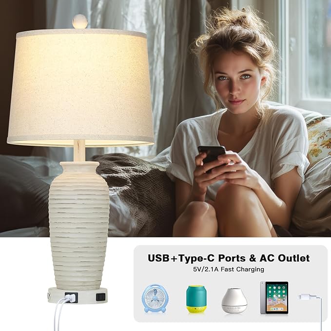 25" Retro White Farmhouse Jar Table Lamps for Living Room, 3 Way Touch Control Rustic Bedside Lamps with USB A+C Ports & AC Outlet, Pot Nightstand Lamps for Bedroom (LED Bulbs Included) - Bloomnest