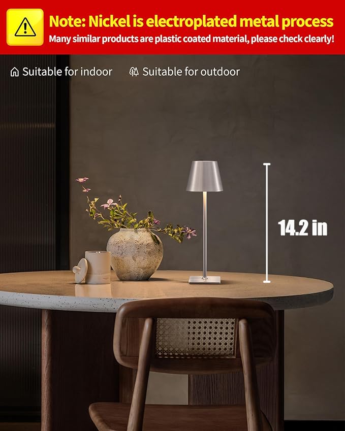 KDG 2 Pack Cordless Table Lamp,Portable LED Desk Lamp, 4000mAh Battery Operated, 3 Color Stepless Dimming Up, for Restaurant/Bedroom/Bars/Outdoor Party/Camping/Coffee Shop Night Light(Brushed Nickel) - Bloomnest