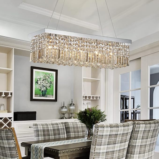 Saint Mossi 5-Lights Modern K9 Crystal Chandelier, Crystal Pendant Light Fixture, H9 x W10 x L31, Chain Adjustable Max 59“, Champagne Crystal & Chrome Finish - Bloomnest