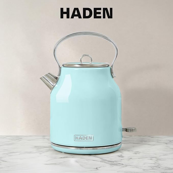 Haden Heritage 1.7 Liter Stainless Steel Electric Kettle, Hot Water Kettle with 360-Degree Base and Auto Shutoff, Turquoise & Chrome - Bloomnest