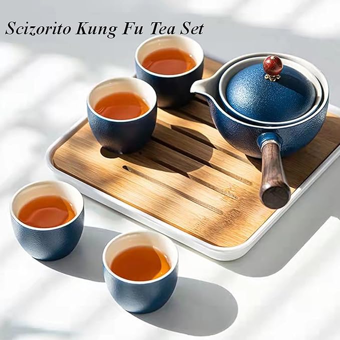 Ceramic Portable Travel Tea Set, Chinese Kungfu Tea Set with 360 Rotation Teapot and Infuser, 4 Tea Cups, Tea Tray And Travel Bag (Blue)