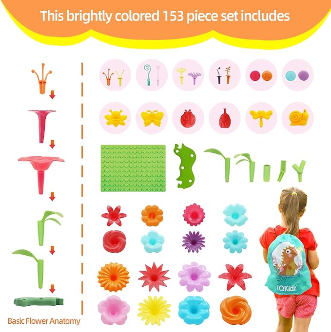 3-6 Years Old Toddler Toys - Flower Garden Building Toy with Insect Pegs, Educational Activity Gifts for Girls Preschool-Kindergarten, 153Pcs STEM Stacking Pretend Play Set - Bloomnest