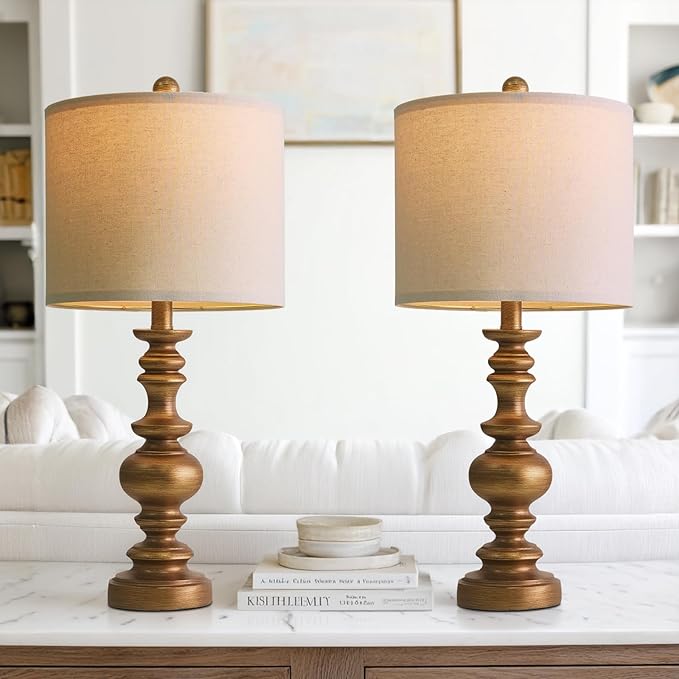 BOBOMOMO 24" Traditional Lamps Set of 2 – Antique Gold Bedside Lamps with Linen Shades, Elegant Medium Farmhouse Lamps for Living Room, Bedroom, and Hallway, Ideal for Warm, Cozy Spaces - Bloomnest