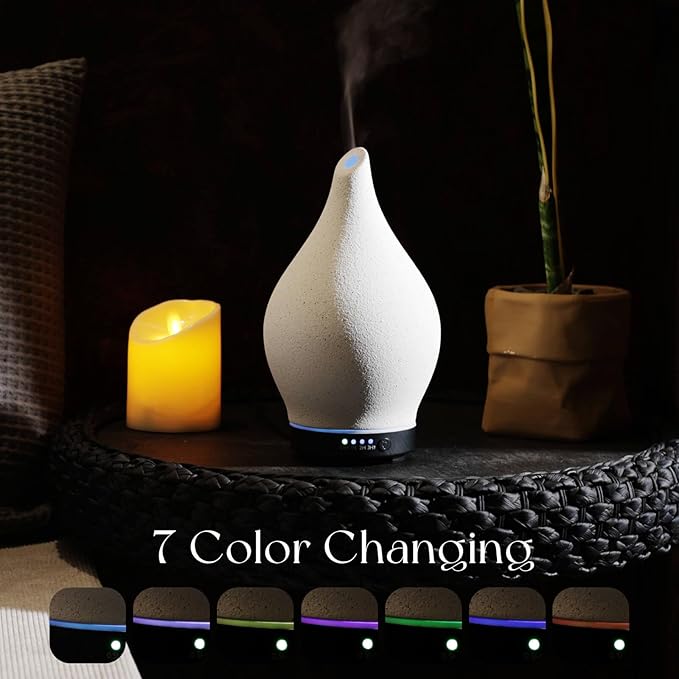 Porseme 150ml Essential Oil Diffuser Ceramic Color Changing Aroma Air Diffusers Aromatherapy Ultrasonic Cool Mist Humidifier 6 Running Hours for Sleeping Yoga Office Spa(White Ceramic, Black Base) Porseme