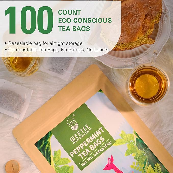 WT WEETEE Peppermint Tea Bags, Made with 100% Pure Peppermint, Fresh Minty Flavour Herbal Tea, Naturally Caffeine Free, 100 Count - Bloomnest