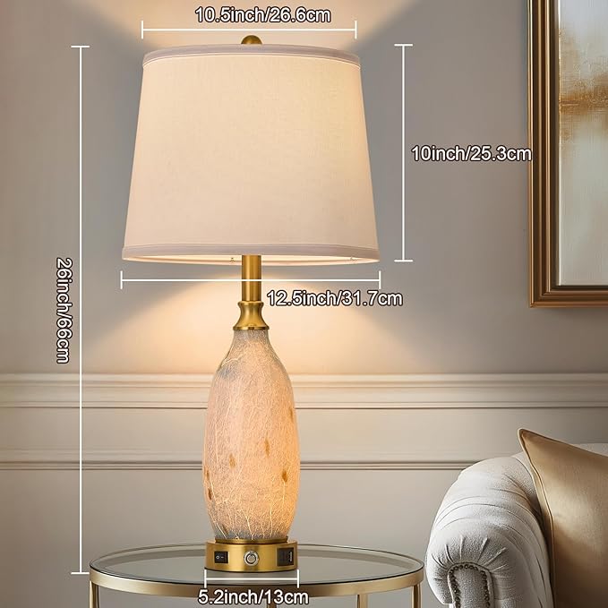 AIDENOEY 26" Modern Art Glass Table & Bedside Lamp, Stepless Dimmable Base + Dimmable 3-Color Light, USB A/C Charging Ports, Touch Control & Switch for Bedroom, Living Room, Office, Study - Bloomnest