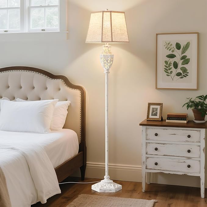 Luvkczc Rustic Floor Lamp - Resin Carved Base with Hollow Night Light, Farmhouse Floor Lamps, Vintage Standing Lamp for Living Room, Bedroom (Includes Bulb) - Bloomnest