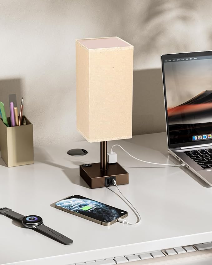 Brown Touch Table Lamp - Bedside Lamp with USB A + Type C Charging Ports and Two AC Outlets, Small Night Stand with E26 LED Bulb, Desk Light for Bedroom Living Room Office Dorm - Bloomnest