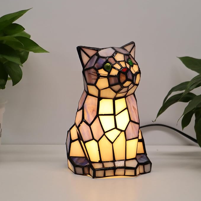 Tiffany Cat Lamp Blue and White Stained Glass Animal Table Lamp Accent Lamp - Bloomnest