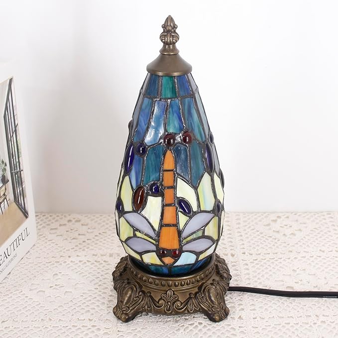 Small Tiffany Lamp Stained Glass Table Lamp 5.5X11 Inch Christmas Tree Lighthouse Mini Accent Memory Sympathy Antique Night Light for Bedroom Living Room (Blue Yellow)