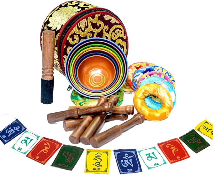 Tibetan Singing Bowl Set Of 7, Authentic 7 Metals, 7 Chakra Colors Mantra Chant Decorated Himalayan Singing Bowl For Chakra Healing, Meditation, Deep Relaxation, Stress Relief, Handmade In Nepal Khusi+Inc