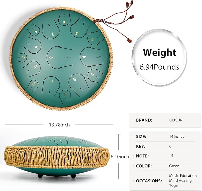 Steel Tongue Drum - 14 Inch 15 Note Tongue Drum - Hand Pan Drum with Music Book, Handpan Mallets and Carry Bag, C Major, Green - Bloomnest