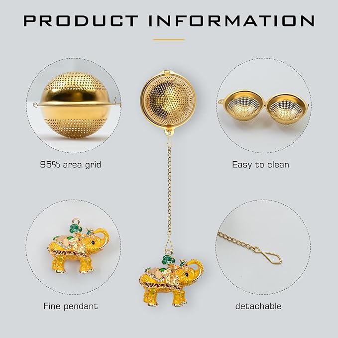 Stainless Steel Metal Tea Ball, 1.37-inch Tea Strainer, Crystal Diamond Elephant Tea Infuser for Loose Leaf Tea Festival Gifting and Personal Use, Gift Box Packaging（Gold）