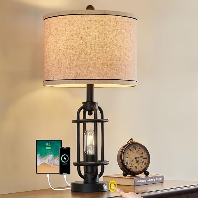 23.75'' Industrial Black Metal Table Lamps Living Room Lamp for Nightstand Bedroom lamp Single Bedside End Side Table Lamps Home Decor Touch Lamp Modern Lamps with USB Ports, Bulbs Included - Bloomnest