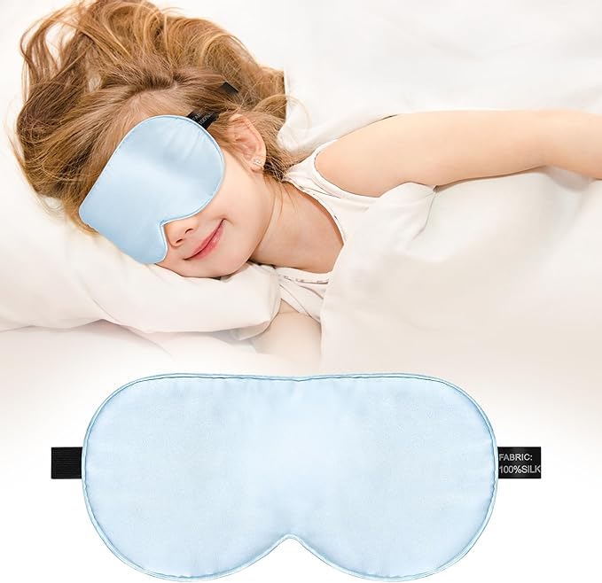 Kids Sleep Mask Eye Cover, 100% Real Natural Pure Silk Eye Mask with Adjustable Strap, Blindfold Kids Eye Mask for Sleeping, Eye Shade for Boys Girls and Adult, Pressure-Free Comfort (Blue) - Bloomnest