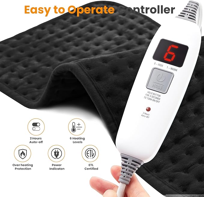 Electric Heating Pad for Back Pain Relief & Cramps - 6 Heat Settings,Auto Shut Off,Moist Heat Options,Portable Heated Pads for Neck/Shoulder Machine Washable Gift for Men Women,Black,12"x24" - Bloomnest