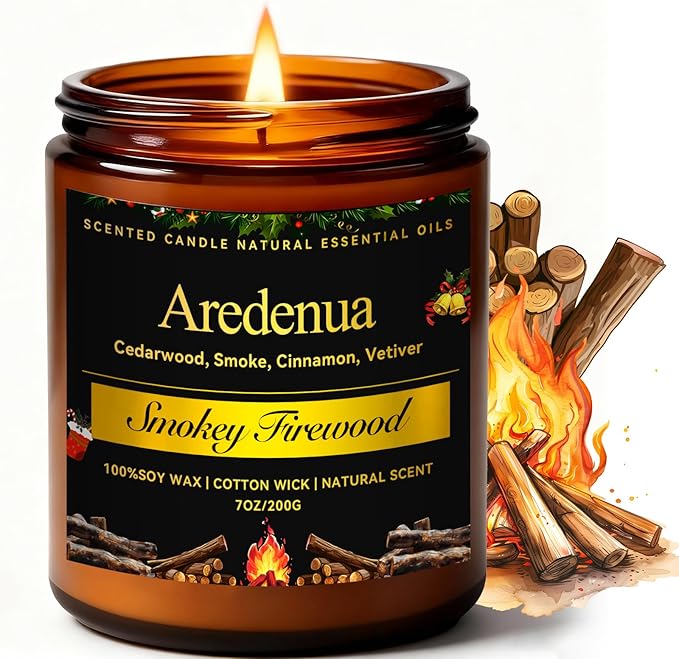 Christmas Candles - Firewood Scented Candles | Christmas Scented Candles - 7 oz Soy Candle with Warm Wood Smoke Aroma, Winter Scented Ideal for Cozy Cabin, Holiday Gift for Men & Women - Bloomnest
