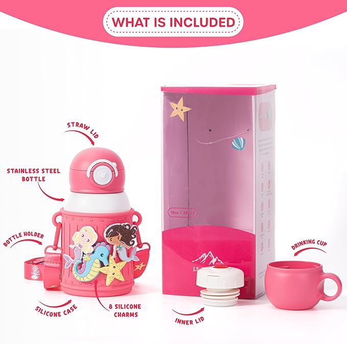 Kids Insulated Tumbler Set – 16oz Stainless Steel Water Bottle with Straw & Pour Lids, Screw-On Cup, Adjustable Strap, Silicone Sleeve & Charms – Leakproof BPA-Free Bottle for Boys & Girls - Bloomnest