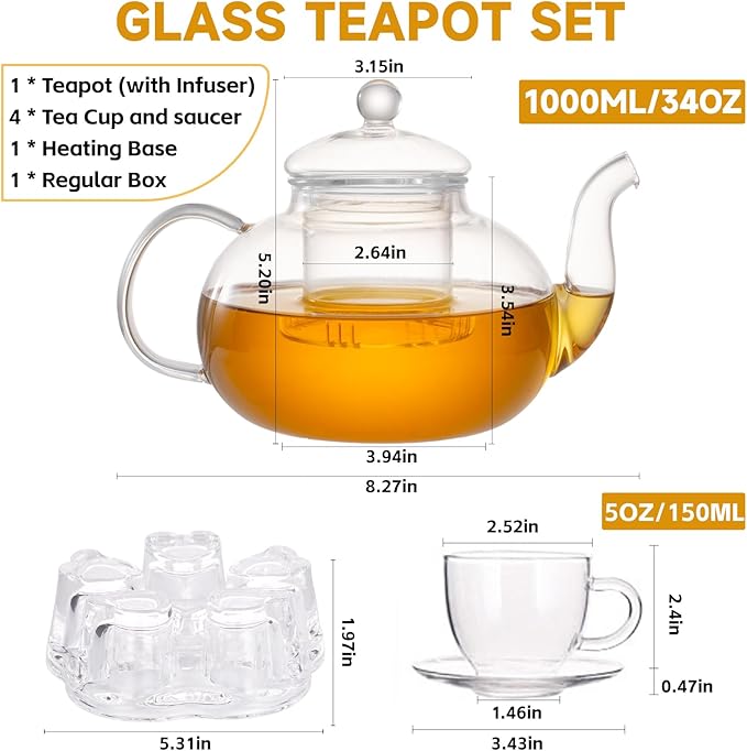 Glass Teapot Set, 34OZ/1000ML Glass Tea Kettle with Loose Tea Infuser & Warmer, 5oz/150ML Tea Cup & Saucer Set of 4, Stovetop & Microwave Safe Tea Maker, Blooming Tea Gift Set For Women - Bloomnest