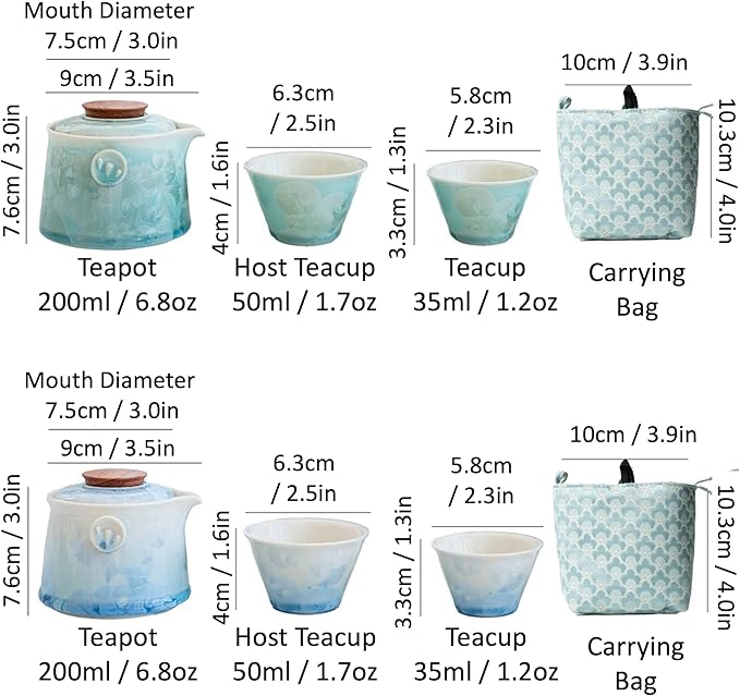 Hermit Life Chinese Travel Tea Set, Portable Ceramic Teapot for One to Two, Gongfu Tea Set with Crystal Glaze, 1 Pot 2 Cups, Gift for Tea Lovers (Mint Green) - Bloomnest