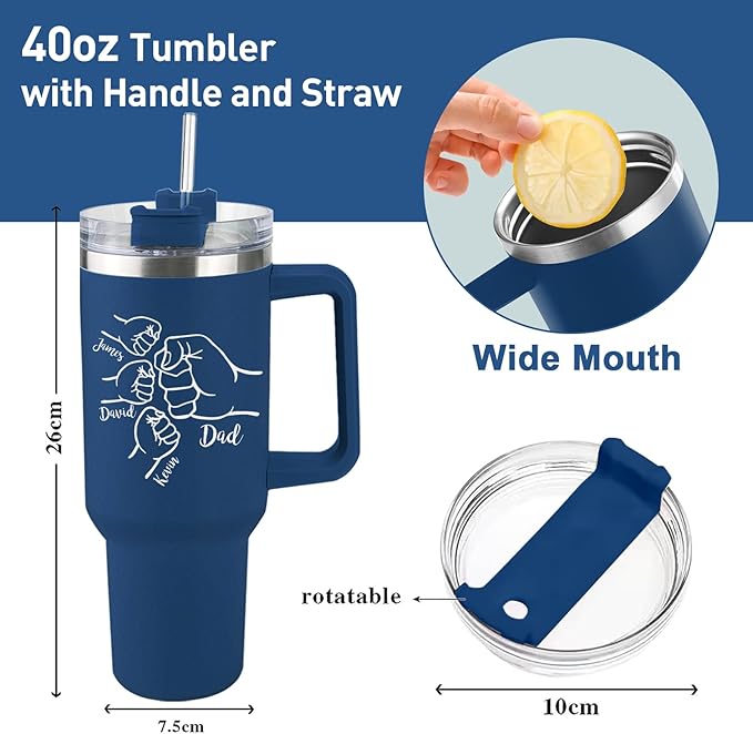 Custom Dad Tumbler with Kids Names, Personalized 40 Oz Tumbler with Handle and Straw, Personalized Birthday Gifts for Dad Husband - Bloomnest