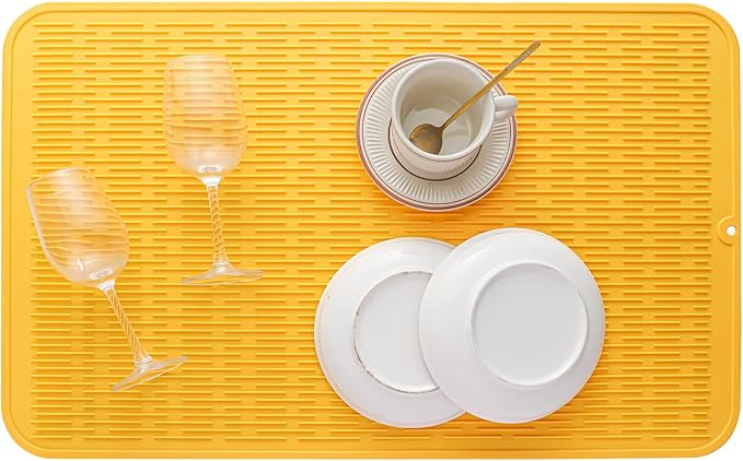 Silicone Dish Drying Mat for Multiple Usage,Easy clean,Eco-friendly,Heat-resistant Silicone Mat for Kitchen Counter or Sink,Refrigerator or Drawer Liner Yellow 3XL 28 inches x 18 inches - Bloomnest